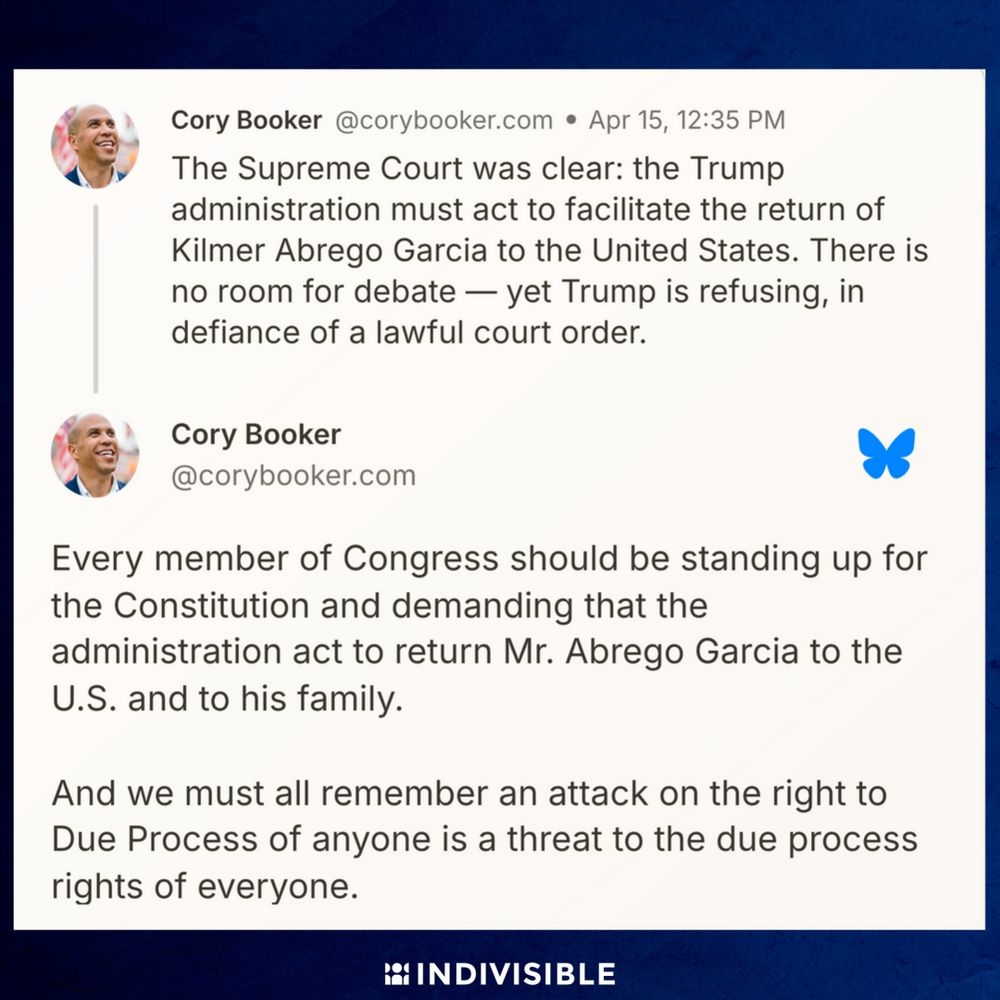 A post from Cory Booker discussing the need to uphold the Constitution and returning Mr. Abrego Garcia to the U.S., emphasizing the importance of due process and the attack on such rights.