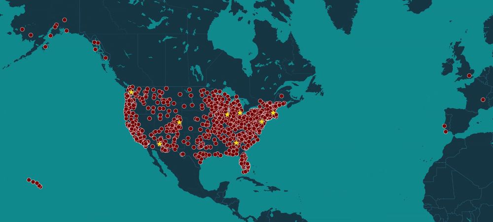 A map showing over 1,000 events planned for Saturday across the US (plus Canada, England, France, and Portugal).