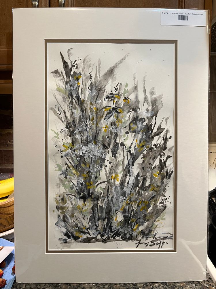 Ink and acrylic abstract painting in neutral colors, mostly gray with touches of yellow ocher looking vaguely like a stand of wildflowers slightly past their prime. 