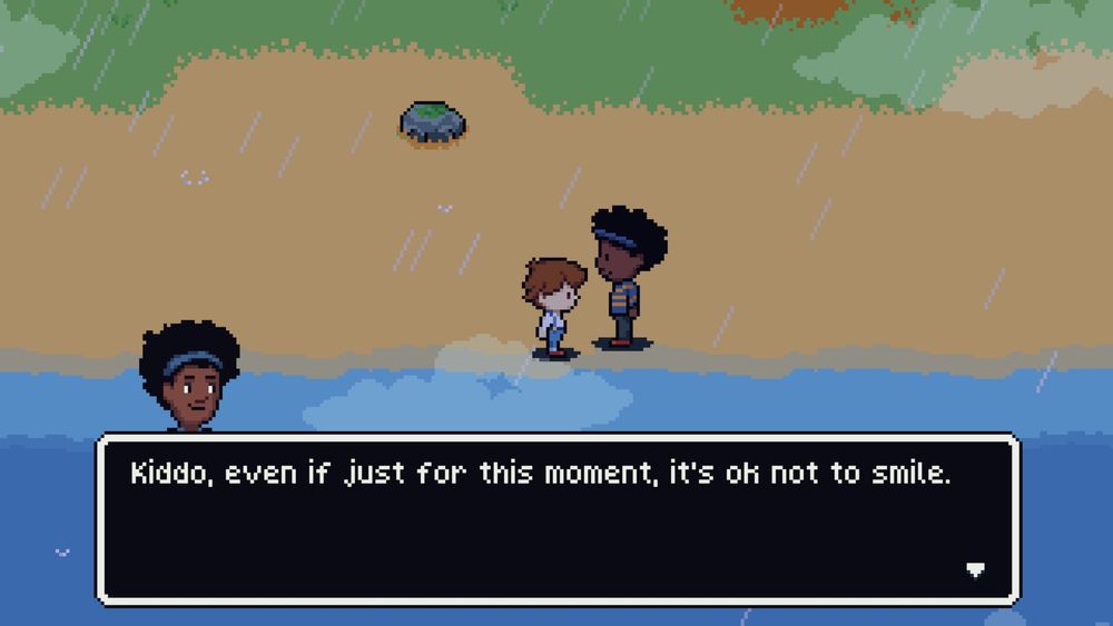 A screenshot from Dreamed Away. A character says to young Theo "Kiddo, even if just for this moments, it's ok not to smile."