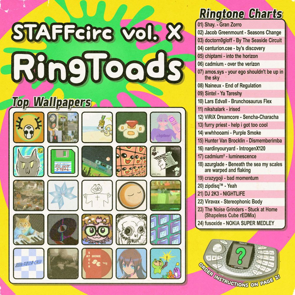 Album art for STAFFcirc vol. X - RingToads depicting a tracklist and pictures from the contributing artists in the style of Jamster's advertising for ringtones and phone wallpapers from the early 2000s.