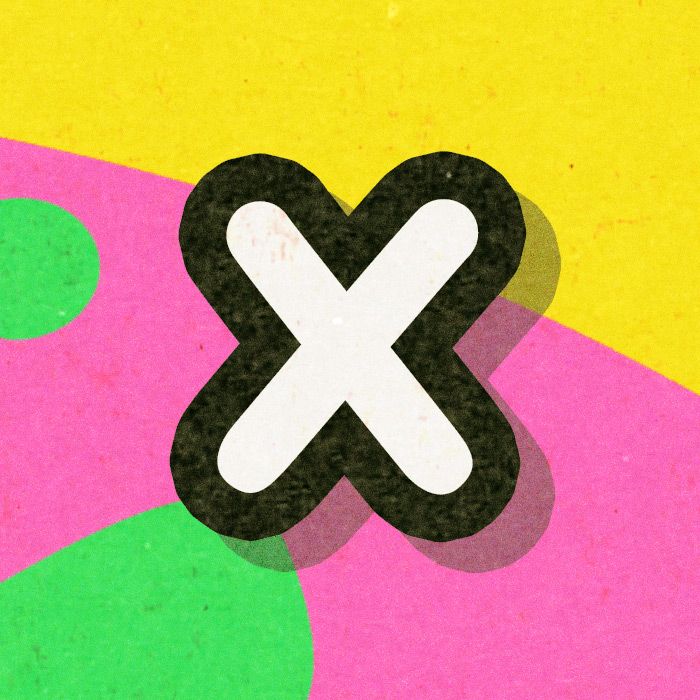 the letter X, in front of a bright pink, yellow, and green background