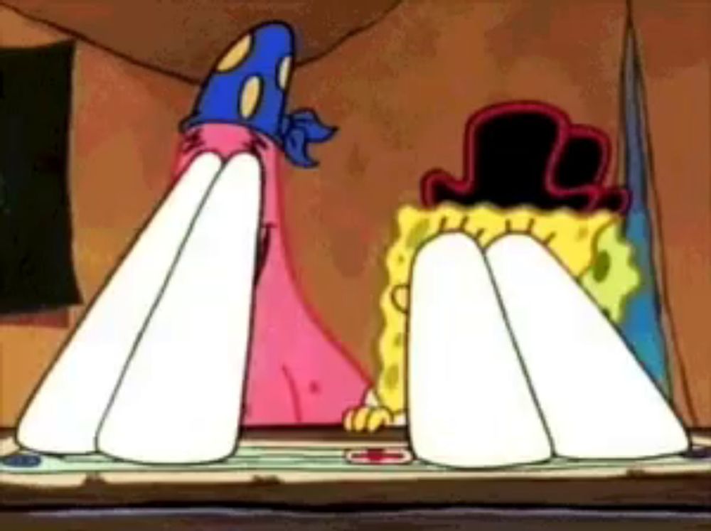 a cartoon drawing of spongebob and patrick with their legs crossed