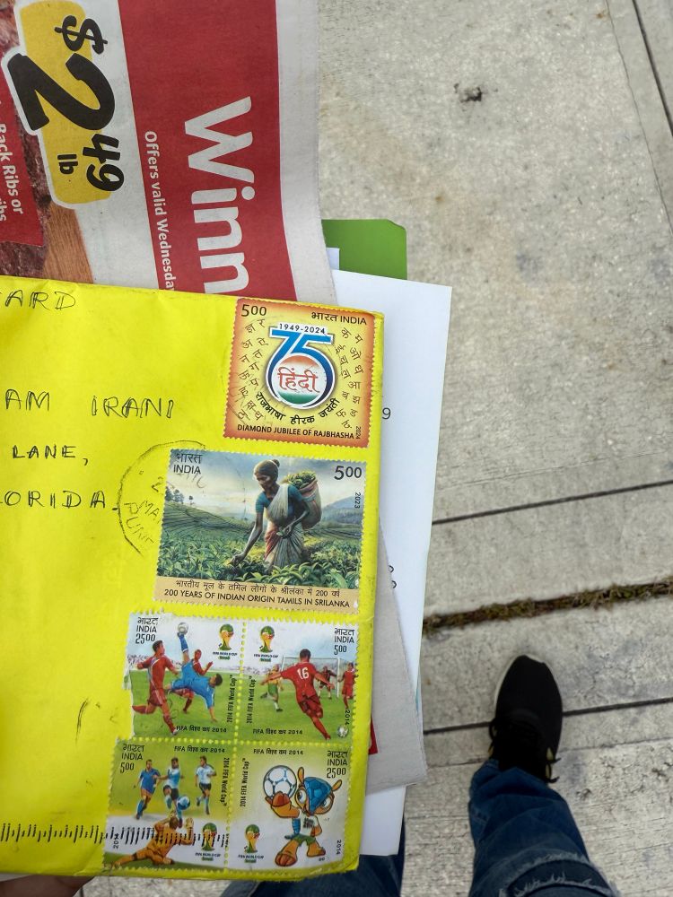 A yellow envelope with India post stamps. Message me for detailed descriptions of each. 

