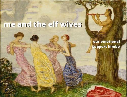 Impressionist painting of four nymphs dancing with a satyr playing a flute sitting in a tree