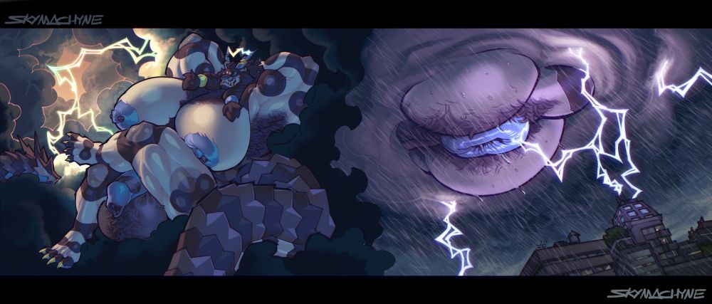 Two panel commission from @siliconeanimal.bsky.social

OC: Ty'Riik

Ty, God of Storms, resting in the clouds during a lightning storm. He is relaxed, almost smug with his enjoyment of his station. Down below where the eye of the storm is located, his butt can be seen in the clouds dripping with rain.