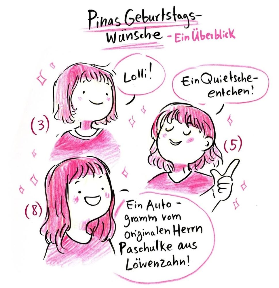 Drei illustrierte Kinderköpfe. Darüber der Text: Pinas Geburtstagswünsche - Ein Überblick 
Pina (3 Jahre): Sprechblase: Lolli! 
Pina (5 Jahre) Ein Quietsche-Entchen!
Pina (8 Jahre) Ein Autogramm von Herrn Paschulke von Löwenzahn!