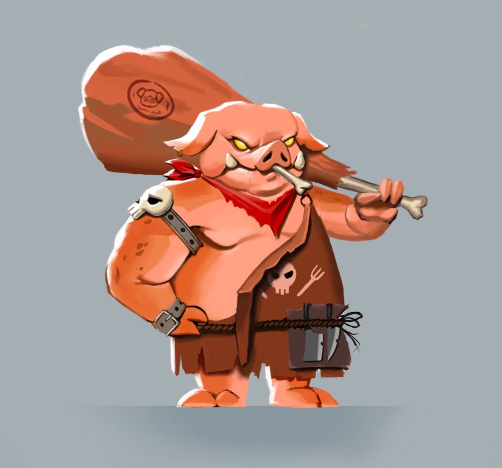 Concept art of a p'orc butcher, a pig-inspired enemy that holds an over-sized meat on the bone.