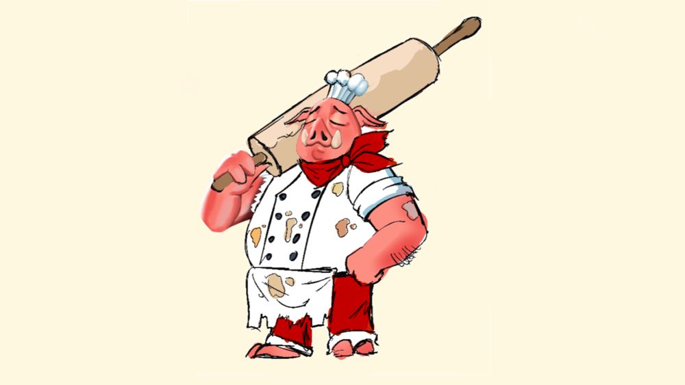 Concept art of a p'orc baker, a pig-inspired enemy that holds an over-sized rolling pin