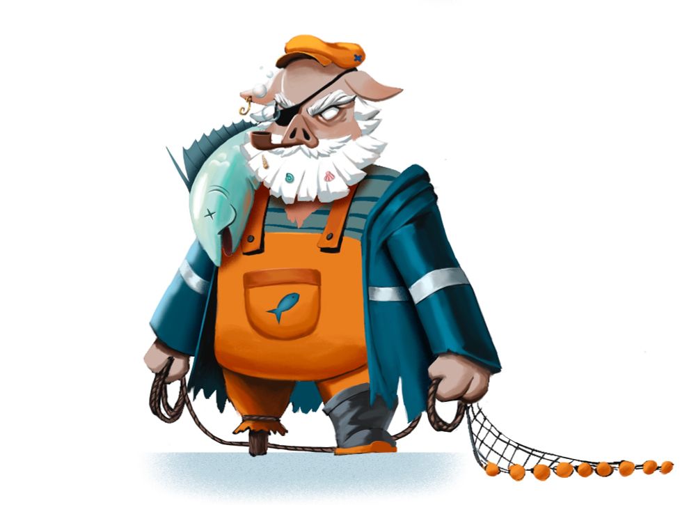 Concept art of a p'orc fisherman, a pig-inspired enemy that holds a fishing net and a fish on his shoulder
