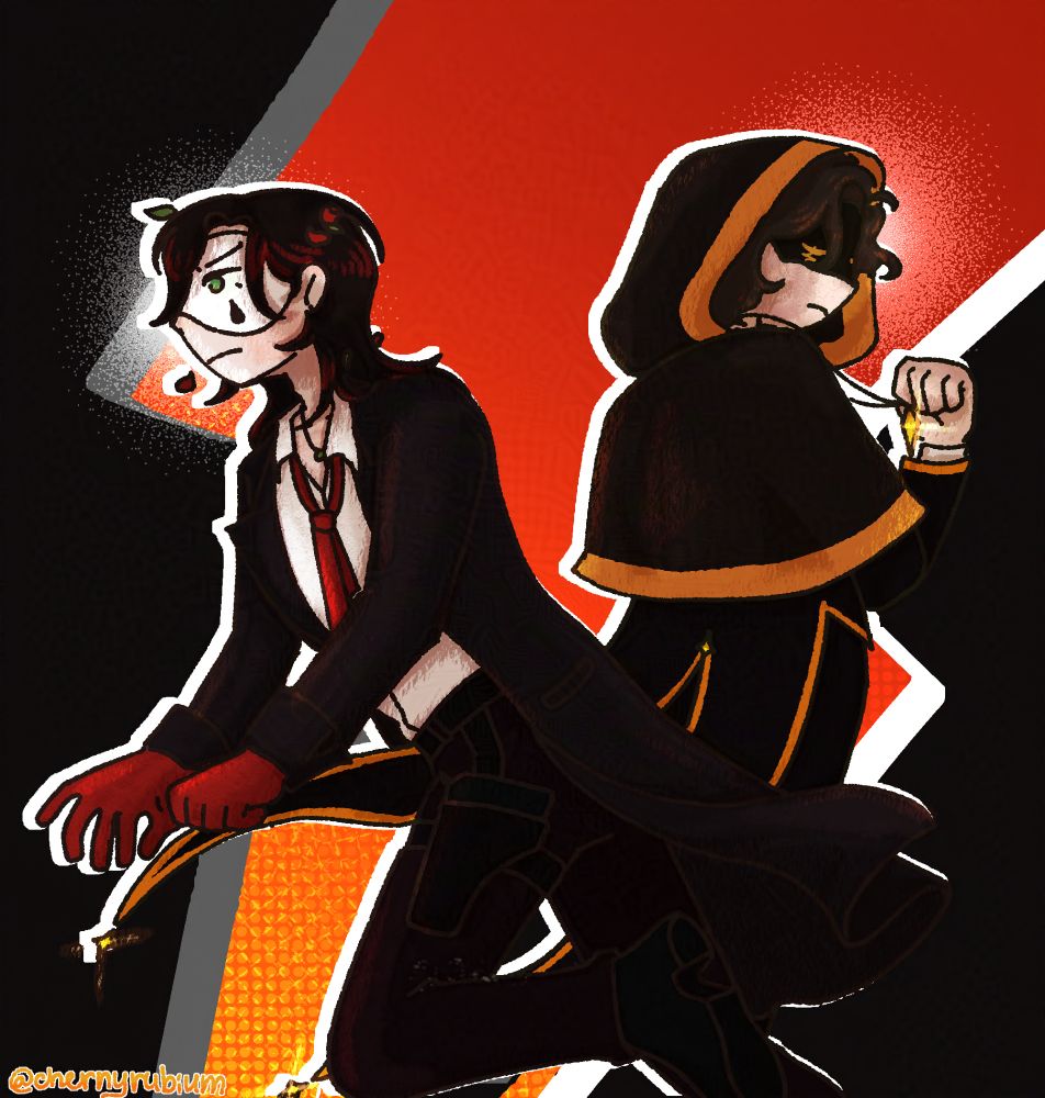 a digital drawing of leonard mitchell and klein moretti. leonard is a pale-skinned man with black hair and green eyes. on his face he has a white half-mask with a black tear on the cheek. in his hair he has some rose petals and leaves. he is wearing a black long goat, a white shirt with the first two buttons unbuttoned, black pants and boots. on his hip he has a gun in a holster. he is facing left while putting on his red gloves.
klein is a pale skinned man with brown hair. he is wearing a short hood with golden borders and a tuxedo with triangular tails. on his face he has a black half-mask with a drawing of closed eyes and zigzag-y line streaming down from it. he is facing away from a viewer to the right, holding a topaz crystal pendulant in his hand. 