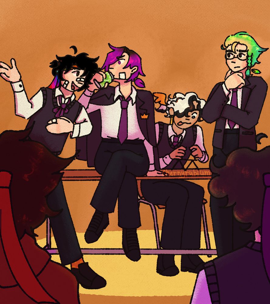a digital drawing of uu protagonists (wemmbu parrot spoke) and their sidekicks (eggchan mapicc and wifies (the last two are not tagged)). they are all in school-esc uniforms in grey-purple colours. eggchan and wemmbu are on the background, with wemmbu, a young man with magenta dyed hair, wearing a blazer on his shoulders, is sitting on a desk,drinking out of a can of soda; eggchan sitting at the same desk making a card house. he is a guy with curly white hair that has some black streaks in in.
spoke (guy with black hair, a rainbow bandana, a tie tied in a bow) and parrot (guy with dyed green hair and glasses) are sanding in the middle, having a discussion of sorts.
mapic (guy with broun-ish hair, red bandana and wearing a red sweatshirt) and wifies (guy with broun-ish hair and a purple bandana) are standing face towards the other four, their faces are not visible to the viewer