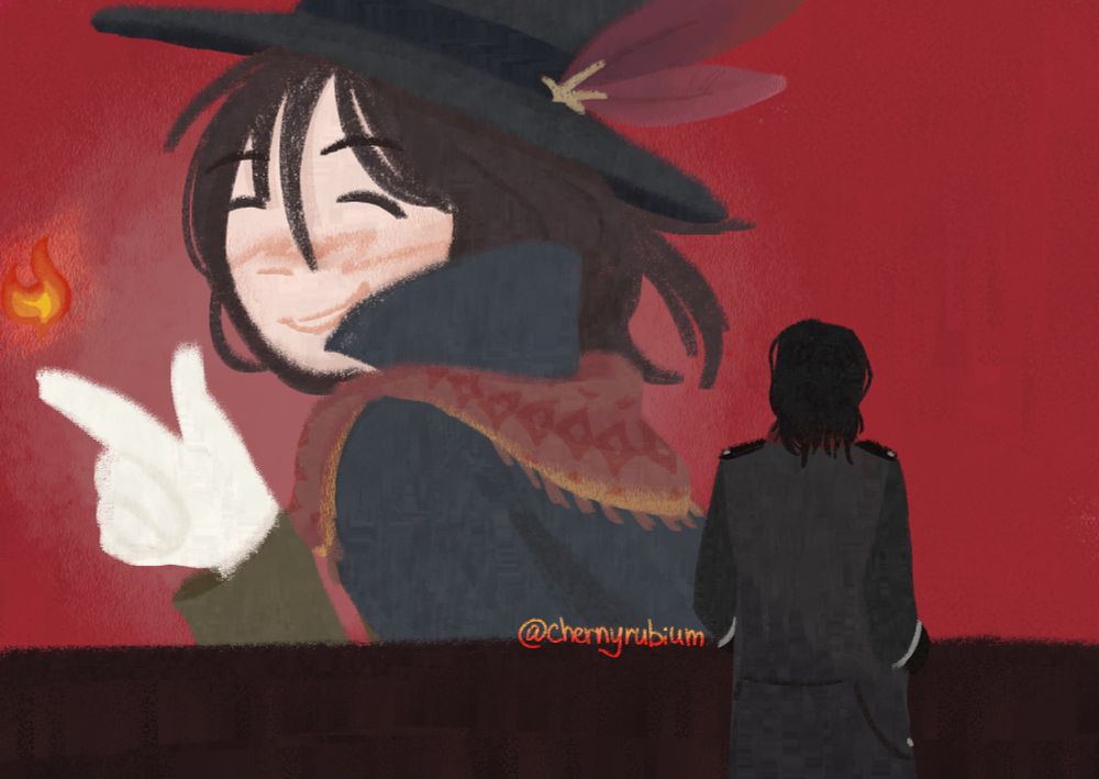 a digital art depicting merlin hermes and leonard mitchell from lord of the mysteries. the pose is from the popular art "veil" by @/_K0TTERl_ (twitter). merlin is a pale-skinned man with ashy-brown shoulder-length hair. he is wearing a dark-gray coat, same hay with two ashy-magenta feathers, an ashy-red scarf and white gloves. he has a fire flame at the end of his finger. leonard is a man wearing a dark-gray coat with red colar and longer-then-shoulder black hair.