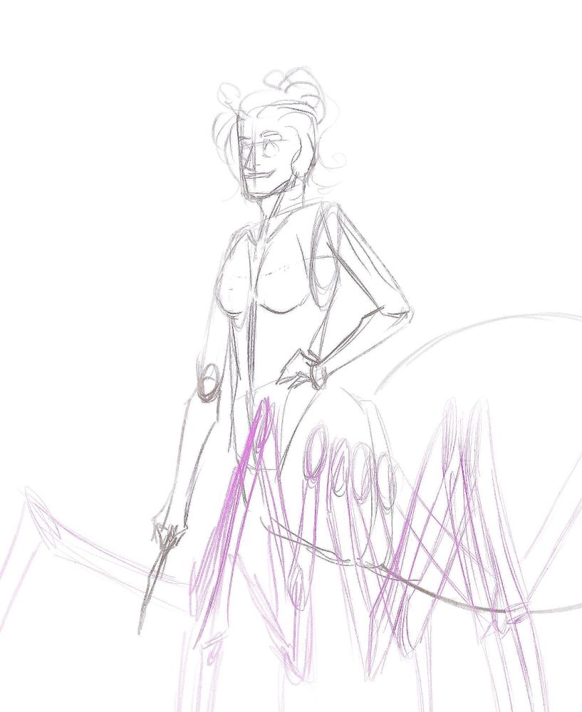 A sketch of some harry potter character in the form of the spider. Her hair are tangled, and she is holding a magic wand.