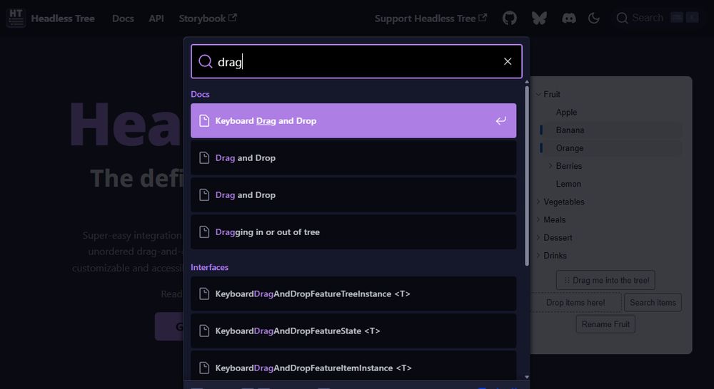 Screenshot of Headless Tree Docs with Searchbar open