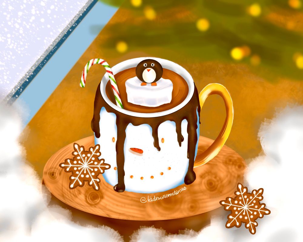 digital drawing of a hot cocoa cup with a floating marshmallow and a penguin on top of it. there are two ginger cookies in the shape of snowflakes placed on cotton next to the cup.
behind the cup, there is a christmas tree on the right side and the windowsill looking out to the snow on the left.