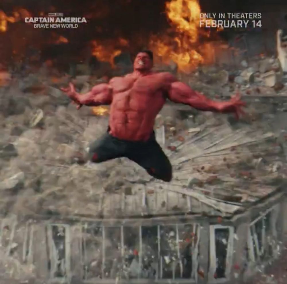 Red Hulk destroying a large portion of the White House as he leaps.