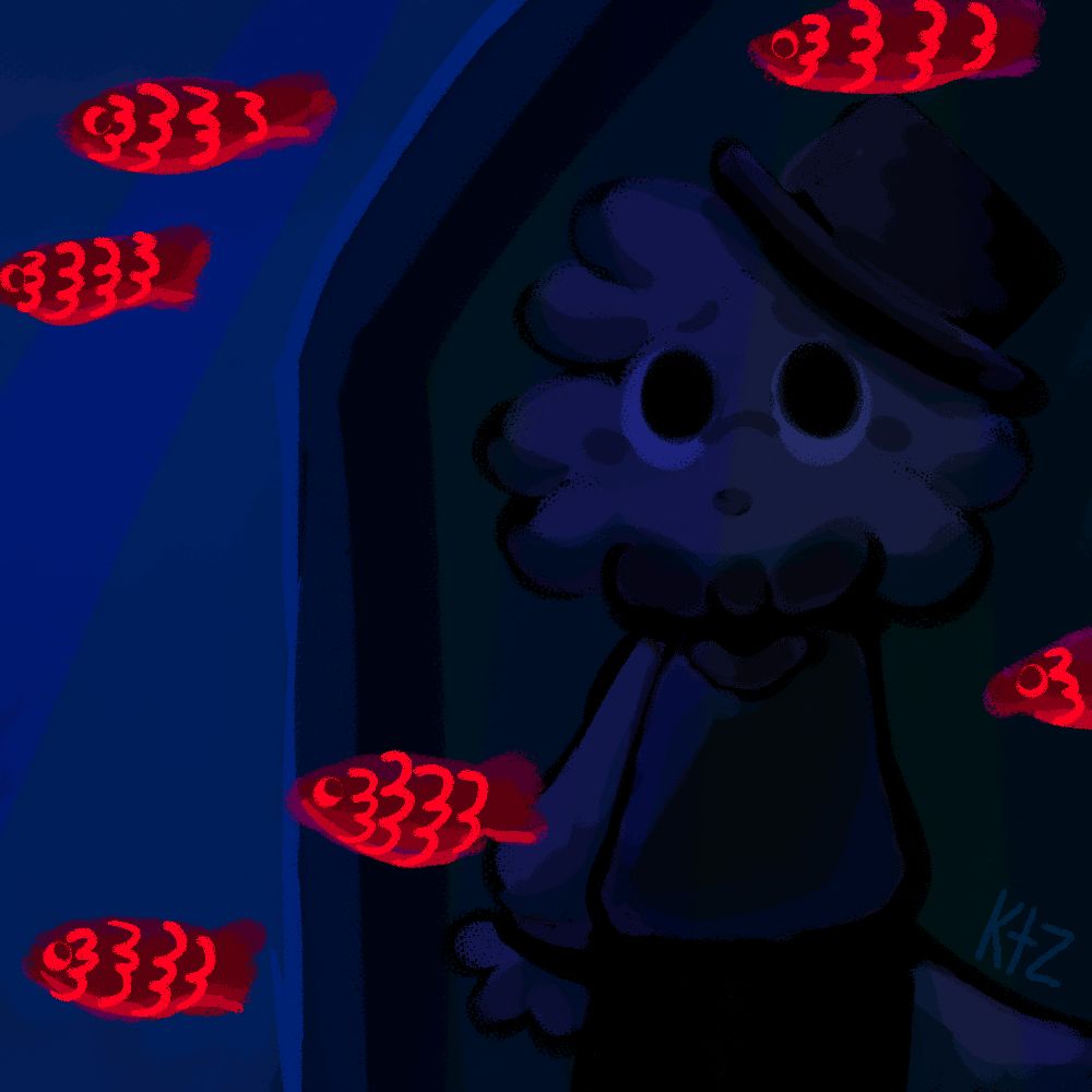 A digital illustration of Loffty standing behind a fishtank filled with glowing red fish. The image is mostly in dark shades of blue, making the fish stand out. Loffty looks uncomfortable and the fish are looking at him.