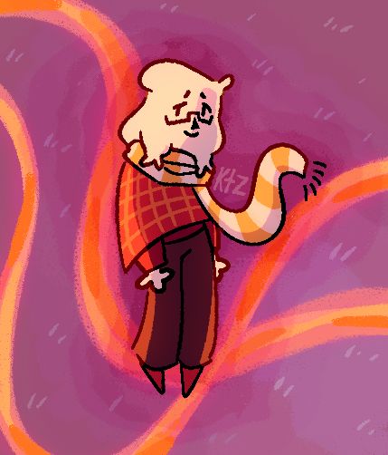 Digital art of my sona, Juno. They are positioned in the centre and standing awkwardly with a smile on their face. The background is dull purple grass with orange streaks of colour. It is warmly coloured.