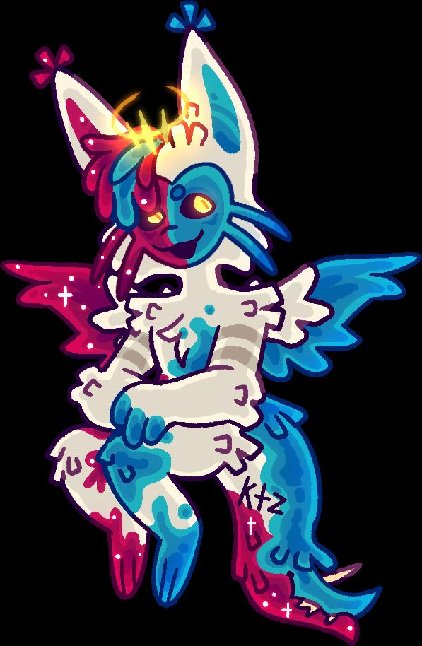 A digital illustration of a cat-like minyata character called Twizzly. Their body is primarily off-white, with red accents on their left side and blue accents on their right. They are shaded to look like a fruit gummy.
