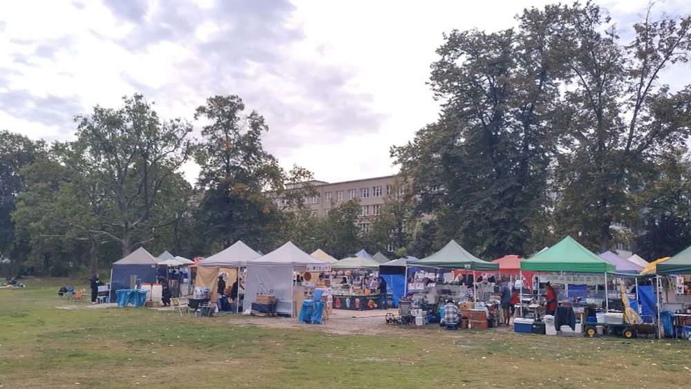 Foto von diversen Essens Ständen im Preußenpark, wird umgangssprachlich auch Thai Park genannt. Im Hintergrund sind Bäume und Gebäude zu sehen, im Vordergrund grüne Wiese.