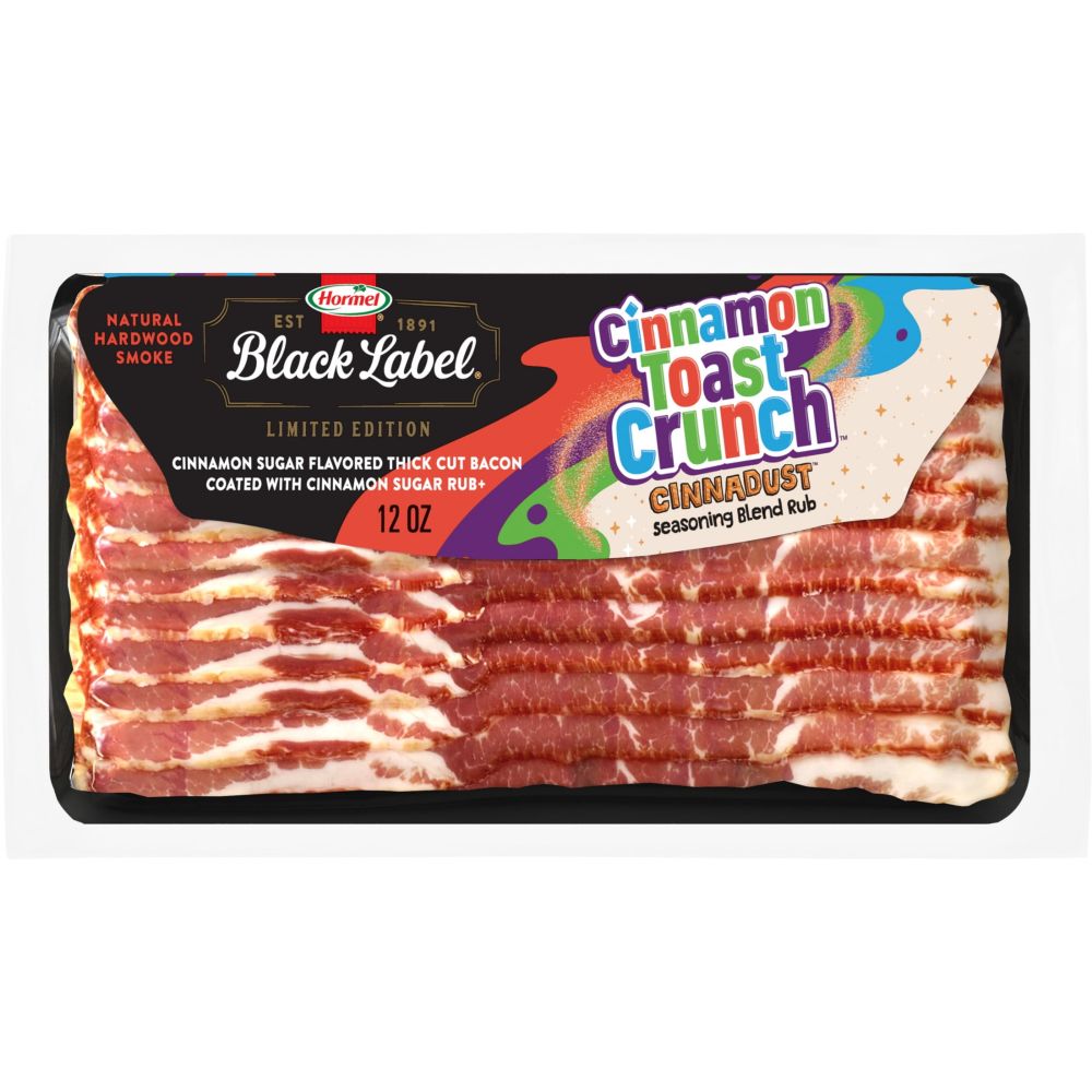 A package of Hormel Black Label brand bacon, but with Cinnamon Toast Crunch 