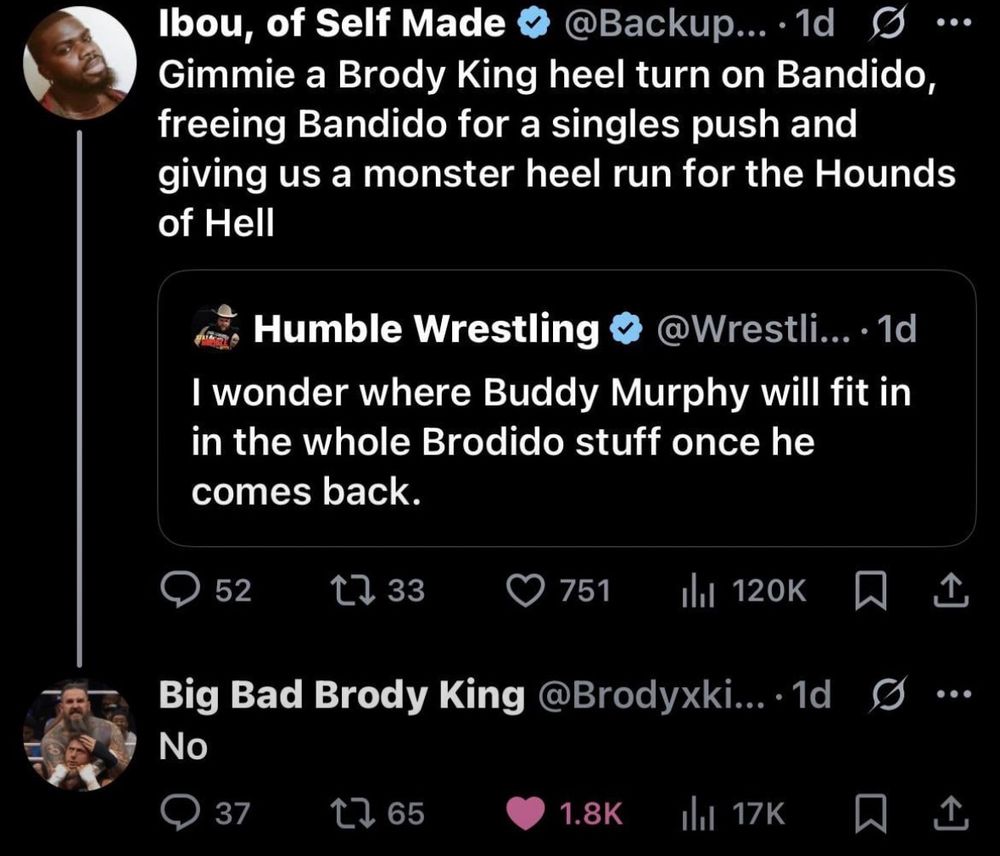 Humble Wrestling: I wonder where a buddy Murphy will fit in in the whole Brodido stuff once he comes back.

Ibou RT: Gimme a Brody King heel turn on Bandido, freeing Bandido for a singles push and giving us a monster heel run for the hounds of hell.

Brody King Response: No