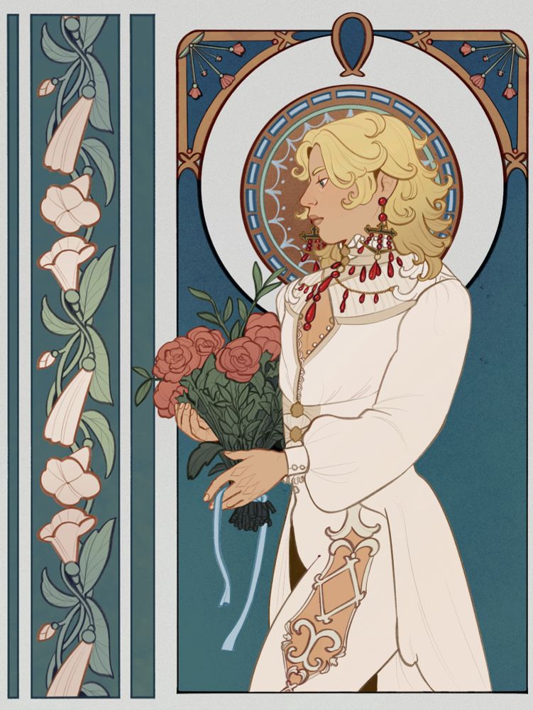 An illustration of a human holding flowers on an art nouveau style background with flower patterns.