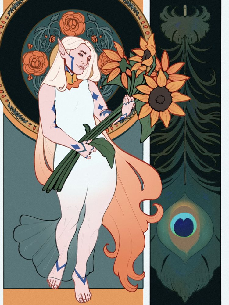 An illustration of a figure holding sunflowers in a long white garment. Behind them is a halo with orange roses and next to them is a peacock feather. 