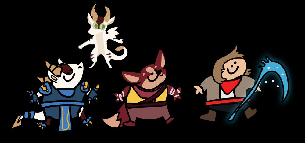 Three happy characters drawn in a simple smiling style.