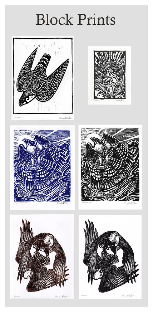 6 different block prints, featuring a diving falcon, a phoenix, an osprey with fish in two colors, and eagles in courtship in two colors.