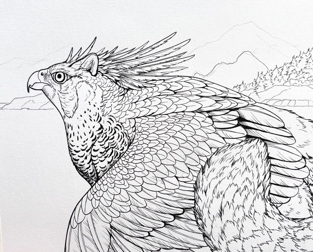 Ink drawing of a gryphon with a seascape background. 