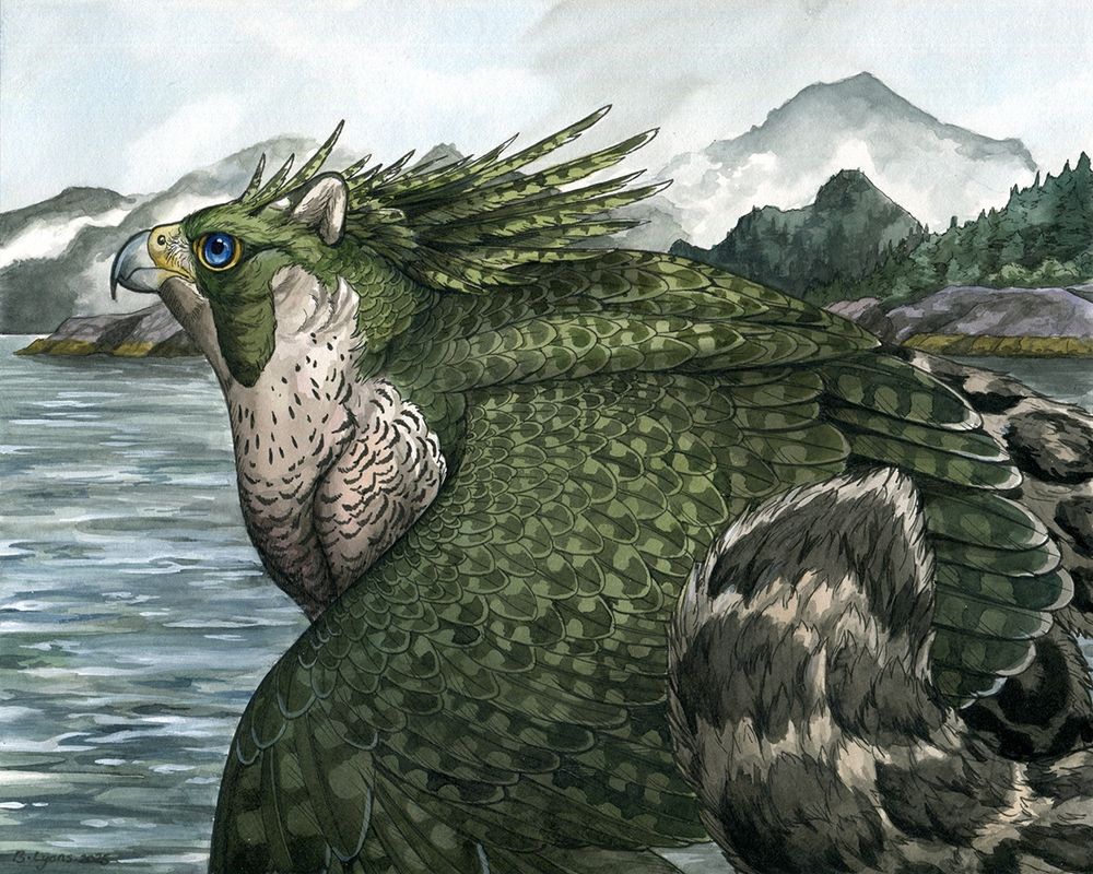 A green peregrine falcon/snow leopard gryphon with wings partially open in front of an oceanscape. In the background are forested mountains and mist. 