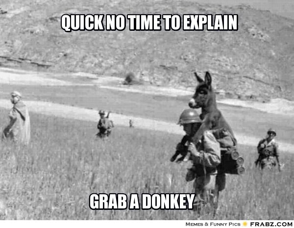 Soldier carrying a donkey piggyback saying “Quick, no time to explain, grab a donkey”