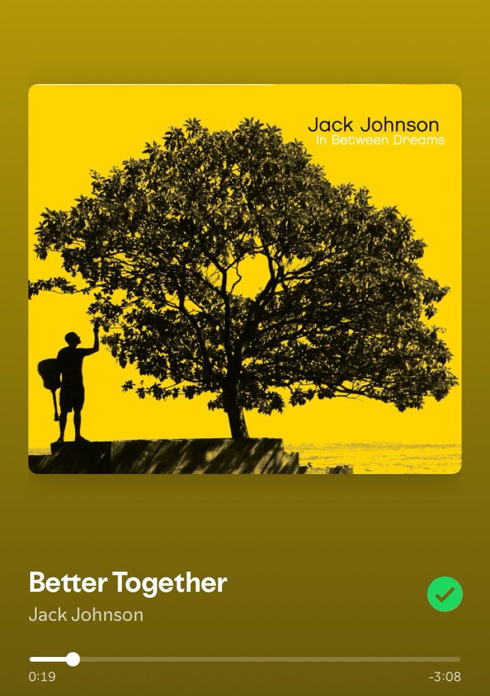 Spotify canvas of Better Together by Jack Johnson
(Yellow background with black overlay of a man with a guitar strapped on his shoulder picking a leaf from a tree on a cliff)