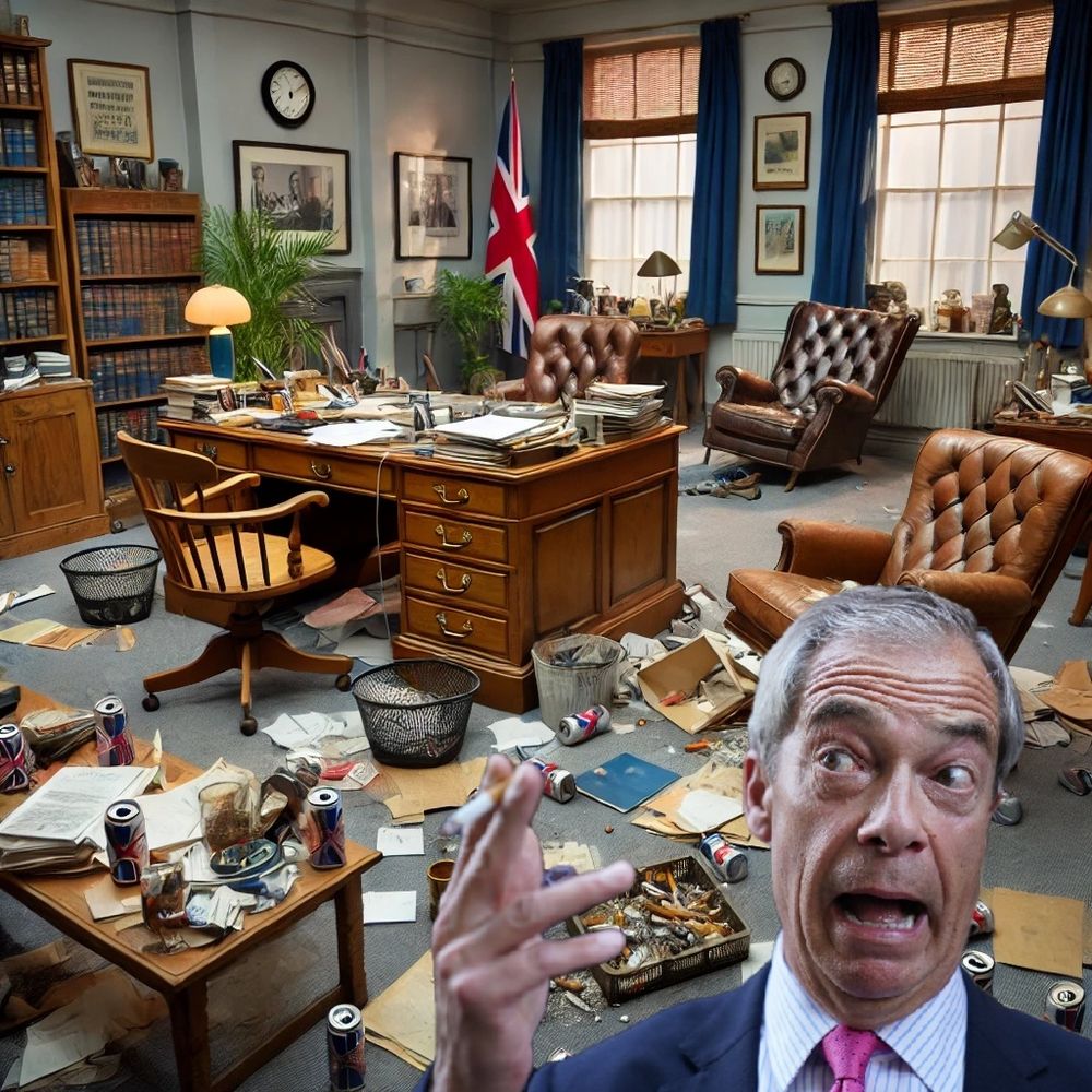 A very obviously AI generated image of Farage smoking a fag in an absolute pig sty of a constituency office with overflowing ashtrays and empty beer cans everywhere.
