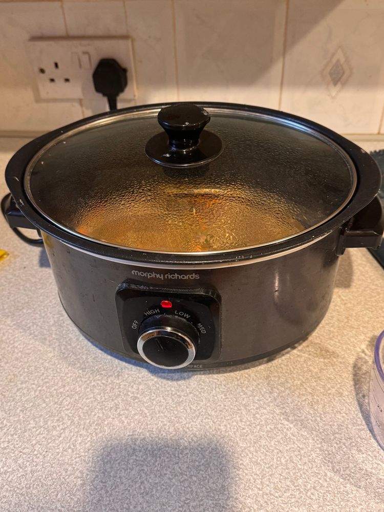 An electric slow cooker with a beef cassoulet underway