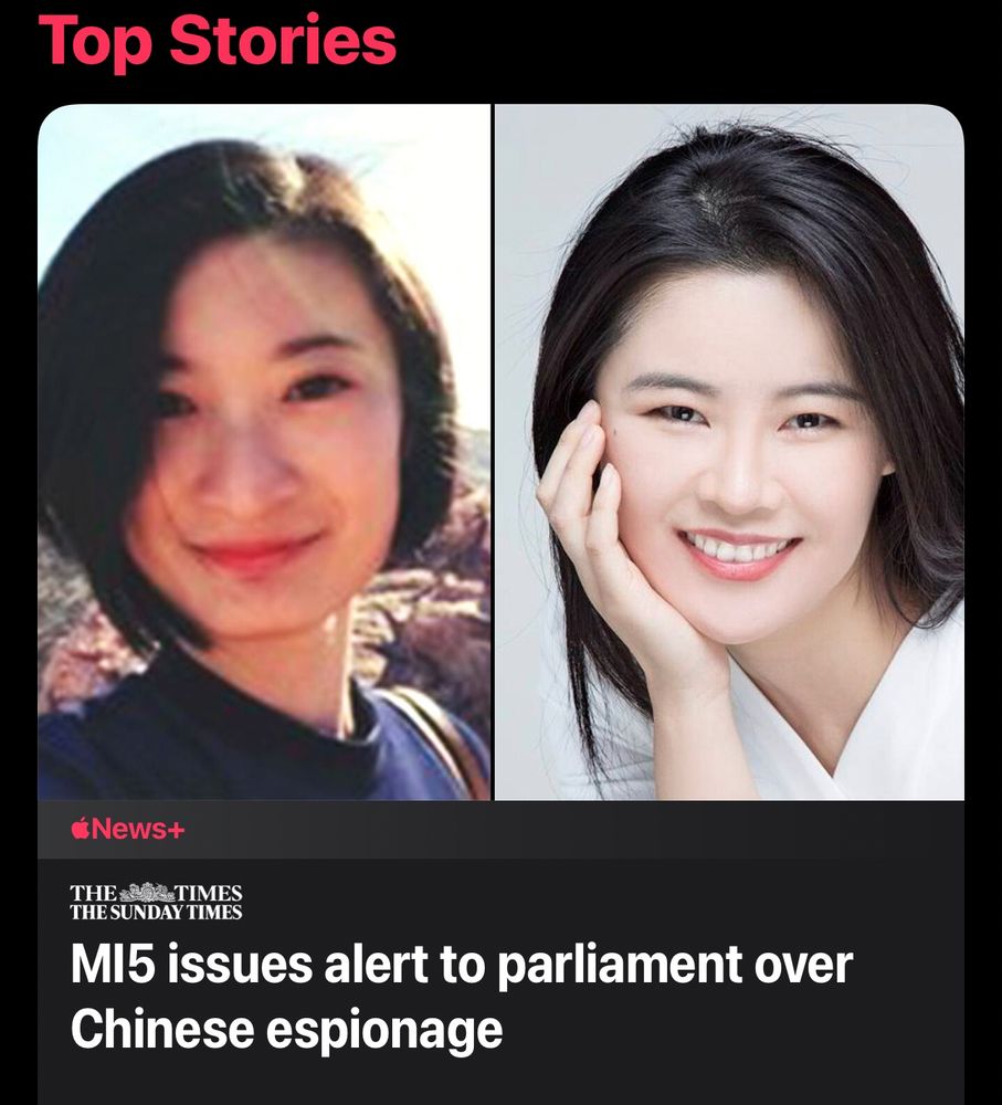 Headline from Apple News:
MI5 issues alert to parliament over
Chinese espionage