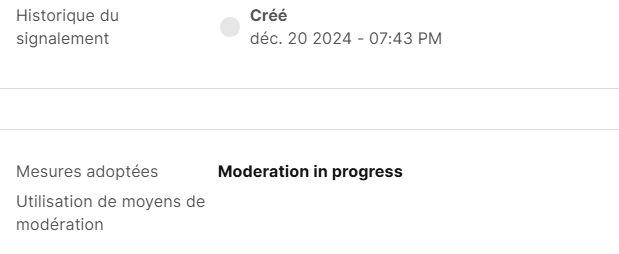 Capture d'écran d'un signalement créé le 20 décembre 2024 à 19h43.
"Mesures adoptées : Moderation in progress" (comprendre : le signalement n'a pas été traité)