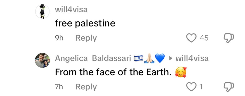 Screen shot of TikTok comments saying “free Palestine” and Angelica Baldassari, proud zionist, responding “from the face of the earth 🥰”