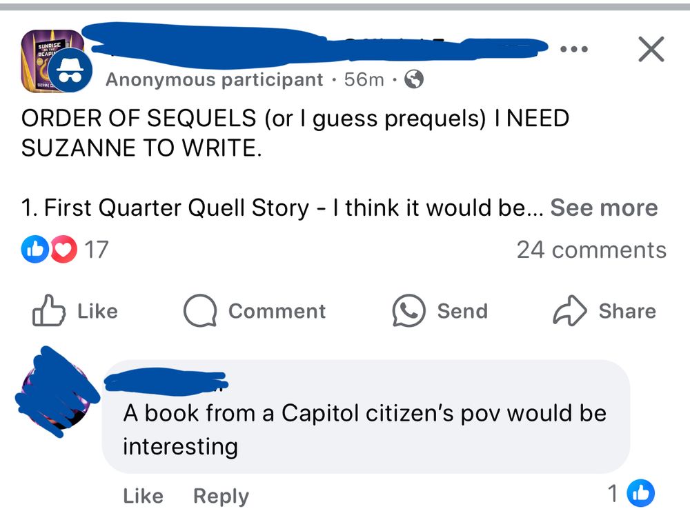 Screenshot of someone wanting Suzanne collins to write another prequel but of a Capitol citizens life and pov