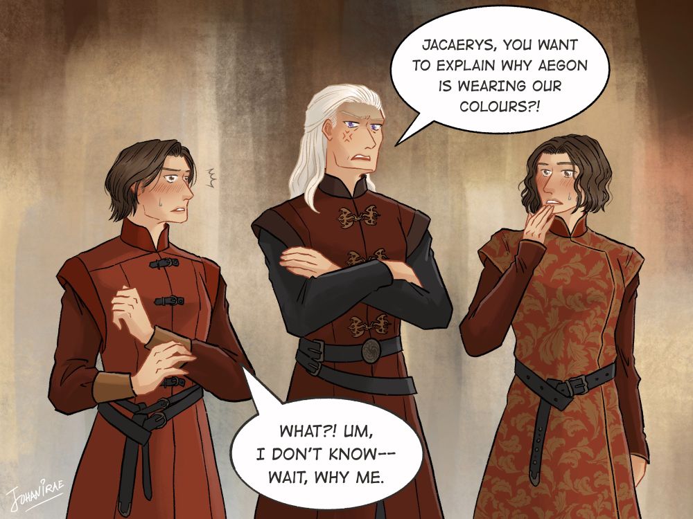 Daemon: Jacaerys, you want to explain why Aegon is WEARING our colours?!

Jacaerys: What?!  No, wait, why me?