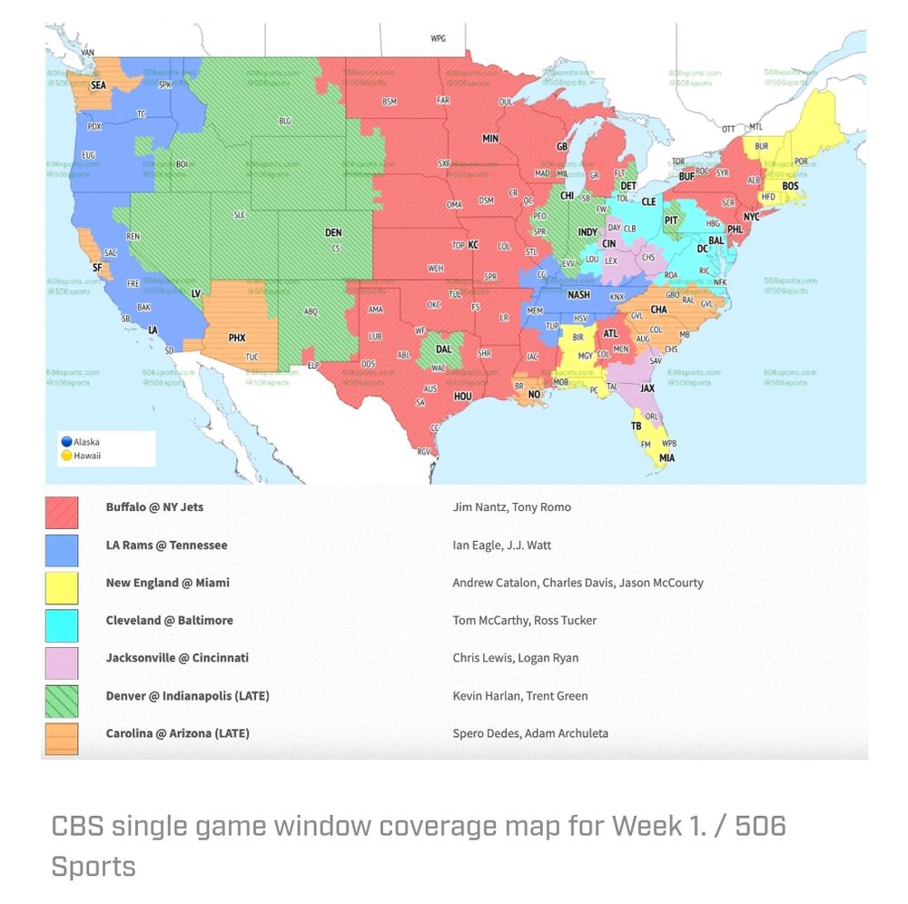 CBS single game window coverage map for Week 1