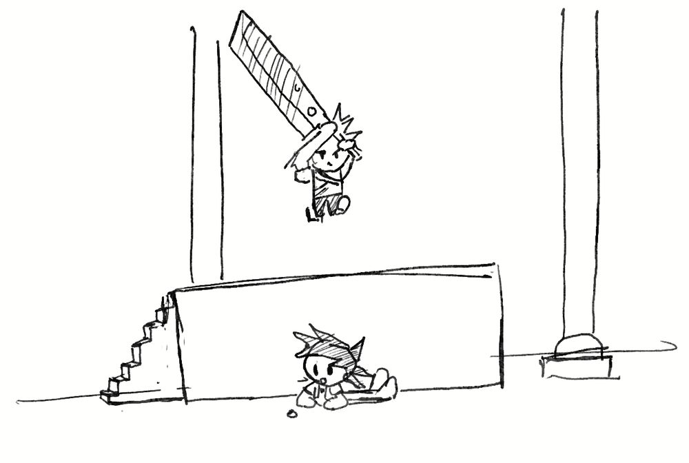 Sora is lying down on the ground. but LOOK OUT!! Cloud is right above you, and he's about to hit you with his sword! You've got to get out of the way sora!