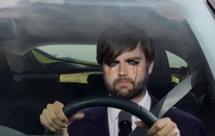 Emo’d up JD Vance crying mascara in a car