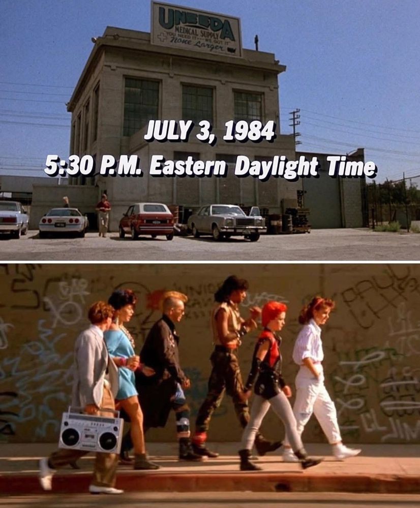 Return of the Living Dead screencap reads: July 3, 1984 5:30 PM eastern daylight time. Then shows a bunch of teens walking