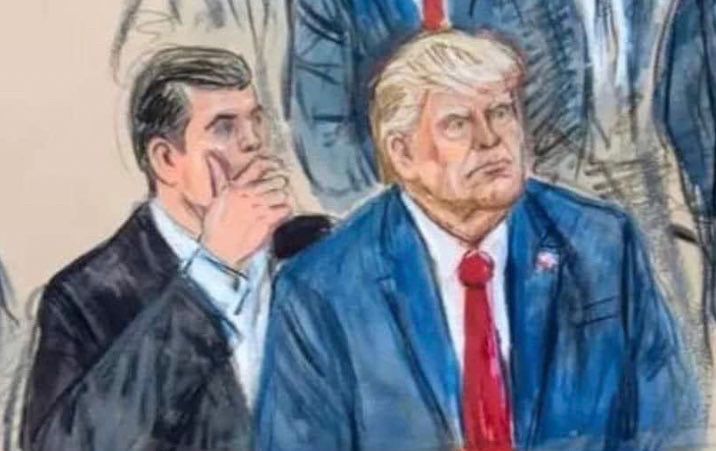 Trump on trial sketch w litigator with hand over mouth 