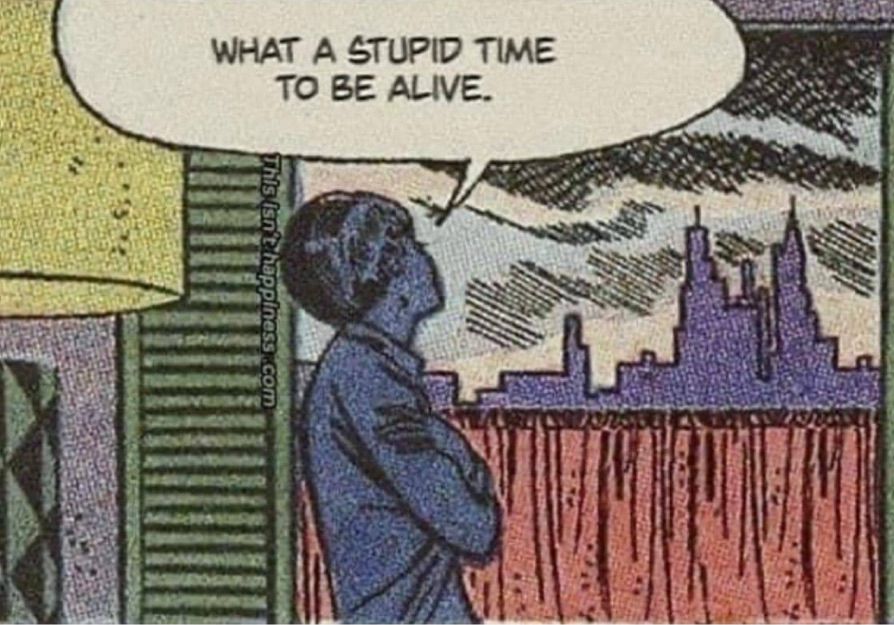 Comic book square: woman looking out window and thinking “What a stupid time to be alive “