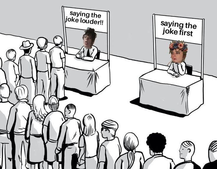 Mys Delphi at a booth "saying the joke louder!" With a large line

Emma™ at another booth "saying the joke first" with nobody in line