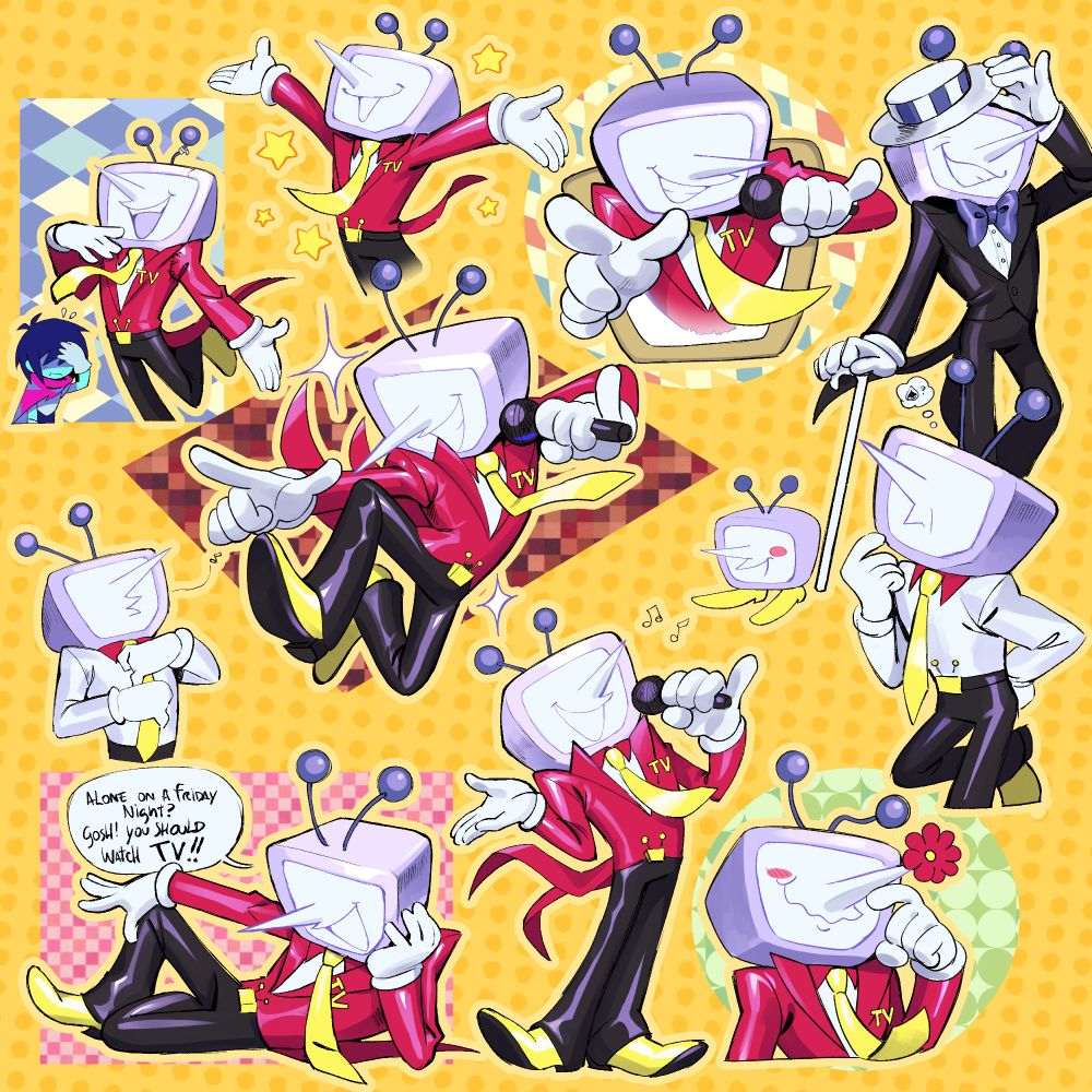 multiple drawings of Mr Ant Tenna from Deltarune chapter 3 on a yellow background doing multiple poses and expressions.